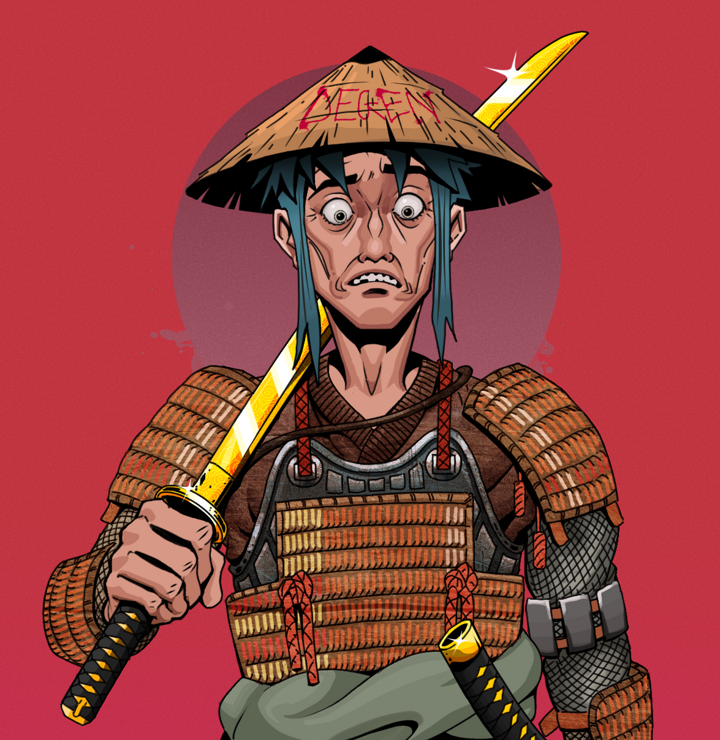 Shitless Botan — Degen Dojo NFT art (Shirtless Runt, Red High Moon, Degens, Tatami Tosei Gusoku, Shitless Botan, Degen Graffiti Rice Hat, Golden Katana, Mint)