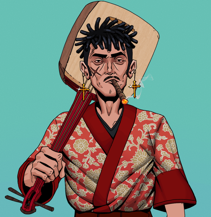 Raikou The Stoner — Degen Dojo NFT art (Golden Jesuit Crosses, Teal Daytime, Degens, Silken Sunflower Kimono, Raikou The Stoner, Shirtless Runt, Black Bantu Knots, Shamisen, Mint)