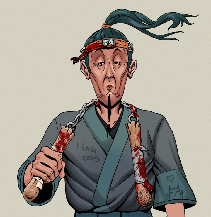 Edmundo — Degen Dojo NFT art (Shirtless Runt, Warm Grey, Degens, Cet Kimono, Edmundo, Green Bandana, Bloody Nunchucks, Mint)