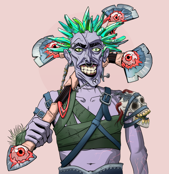 Junichiro Reborn — Degen Dojo NFT art (Shark Tooth, Red High Moon, Demons, Strap On Geta, Junichiro Reborn, Shirtless Runt, Zapachi, Jesuit Bloody Cross, Mint)
