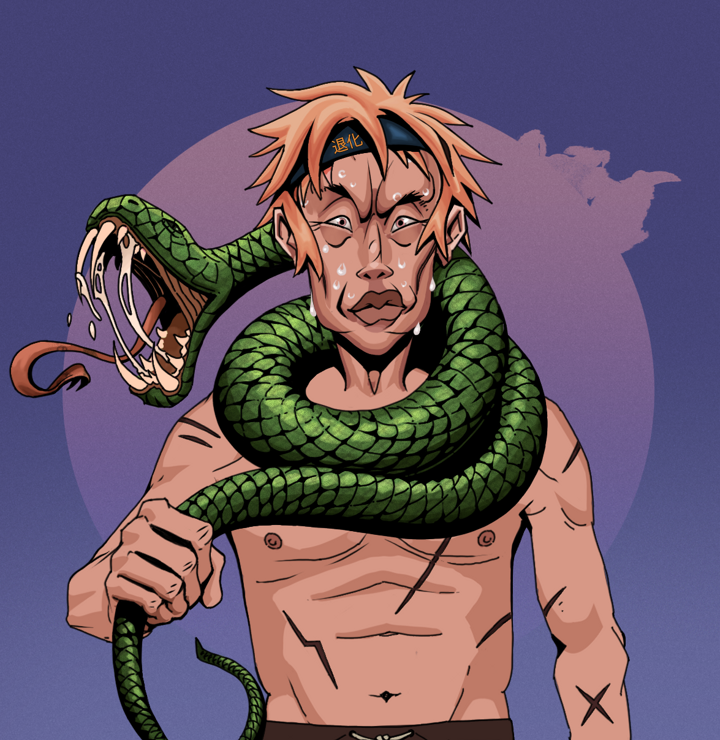 Stresshead Rin — Degen Dojo NFT art (Shirtless Runt, Purple Night, Degens, Battle Scars, Stresshead Rin, Tiger Headband Ruffian, Enchanted Snake, Mint)