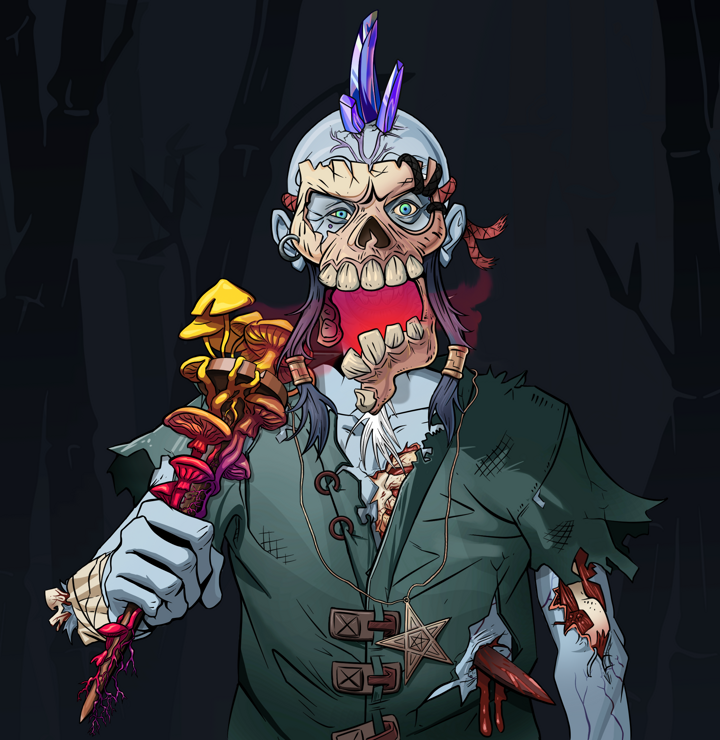 Yuji The Wise — Degen Dojo NFT art (Shirtless Runt, Night Forest, Demons, Dirty Peasant Rags, Yuji The Wise, Hannya Half Mask, Mohawk Spike, Rusty Nail, Mint)