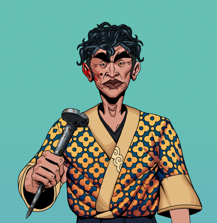 Young Yuji — Degen Dojo NFT art (Shirtless Runt, Teal Daytime, Degens, Yellow Flowers Silk Kimono, Young Yuji, Messy, Rusty Nail, Mint)