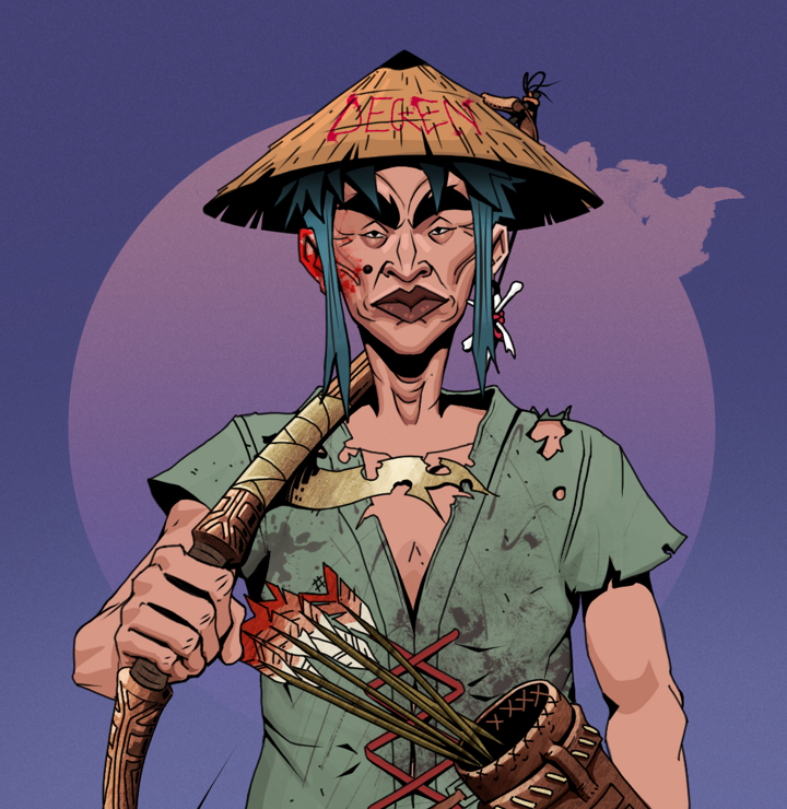 Young Yuji — Degen Dojo NFT art (Finger Bones, Purple Night, Degens, Dirty Peasant Rags, Young Yuji, Shirtless Runt, Degen Graffiti Rice Hat, Runed Yumi, Mint)