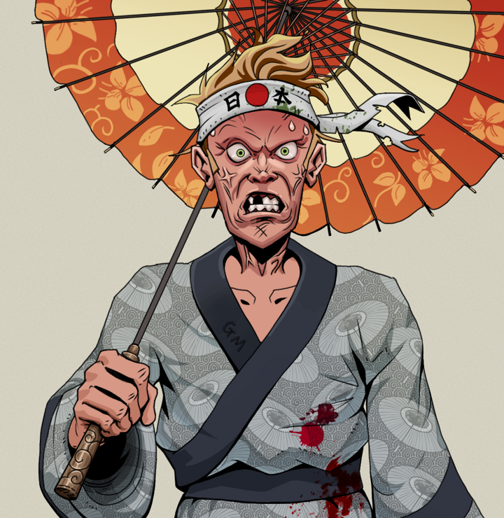 Angry Ikari — Degen Dojo NFT art (Shirtless Runt, Warm Grey, Degens, Loose Parasol Kimono, Angry Ikari, Karate Headband, Floral Parasol, Mint)