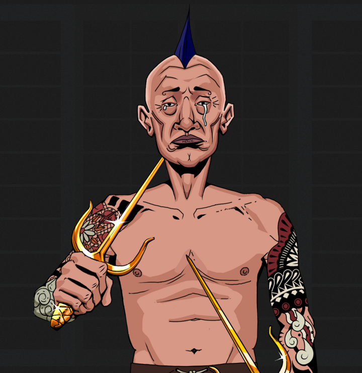 Teary Goro — Degen Dojo NFT art (Shirtless Runt, Shoji Night, Degens, Yakuza Tattoo Sleeves, Teary Goro, Mohawk Spike, Golden Sai, Mint)