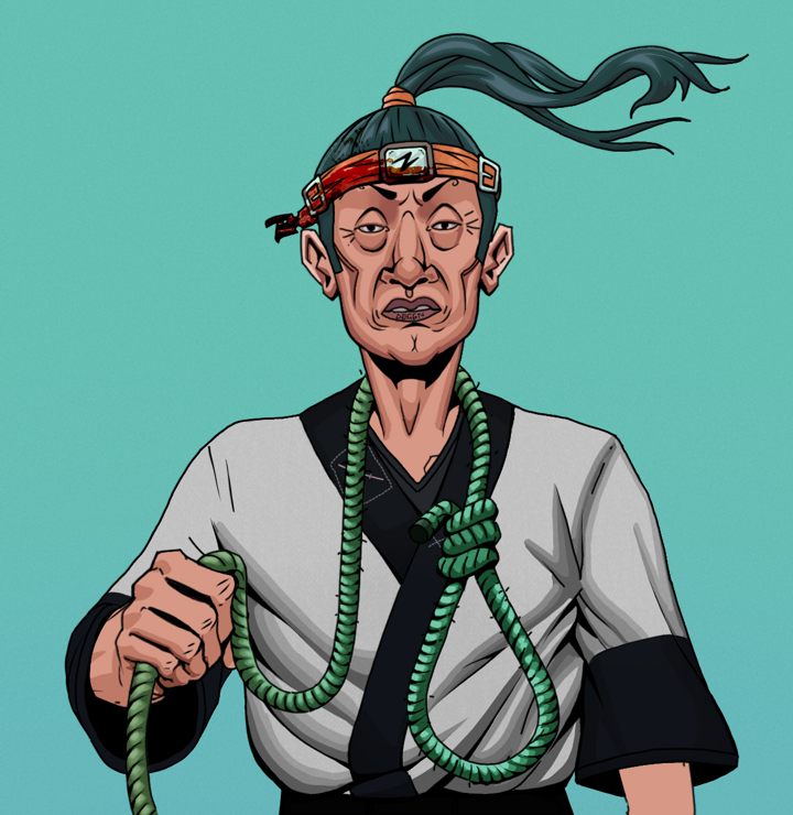Goro — Degen Dojo NFT art (Shirtless Runt, Teal Daytime, Degens, Katana Kimono, Goro, Green Bandana, Noose, Mint)