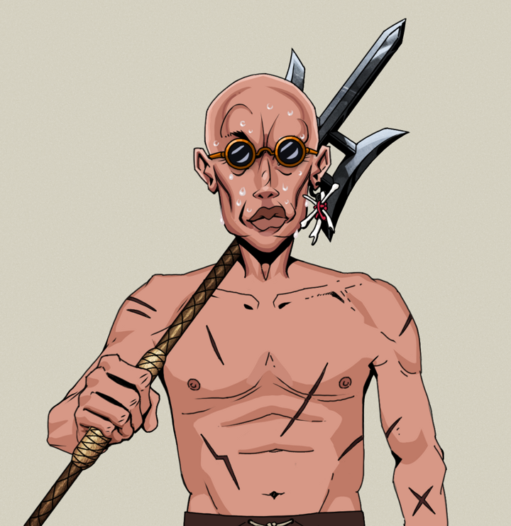 Stresshead Rin — Degen Dojo NFT art (Finger Bones, Warm Grey, Degens, Battle Scars, Stresshead Rin, Dark Spectacles, Bald, Bishamon Yari, Mint)
