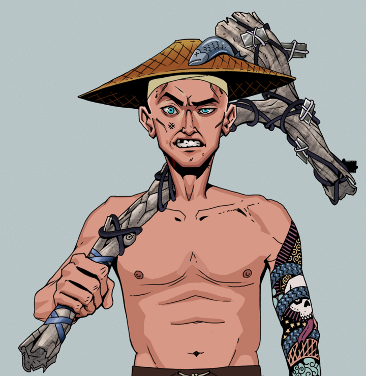 Akuma — Degen Dojo NFT art (Shirtless Runt, Light Grey, Degens, Skull Sleeve, Akuma, Wide Kasa Fisherman, Large Branch, Mint)