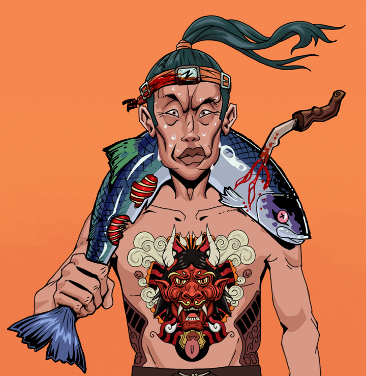 Stresshead Rin — Degen Dojo NFT art (Shirtless Runt, Orange Afternoon, Degens, Red Oni Tattoo, Stresshead Rin, Green Bandana, Dead Fish, Mint)