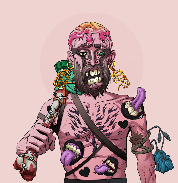 Oleg Of War — Degen Dojo NFT art (Gold Earrings, Red High Moon, Demons, Womanizer, Oleg Of War, Shirtless Runt, Rock Lee, Spiky Femur, Mint)