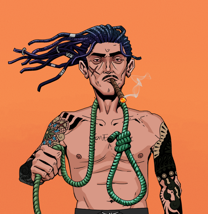 Raikou The Stoner — Degen Dojo NFT art (Shirtless Runt, Orange Afternoon, Degens, Black Yakuza Sleeves, Raikou The Stoner, Flowing Dreads, Noose, Mint)