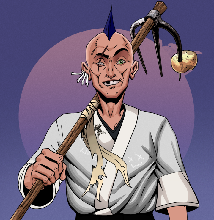 One-Eyed Itsuki — Degen Dojo NFT art (Chicken Bones, Purple Night, Degens, No Honor Kimono, One-Eyed Itsuki, Shirtless Runt, Mohawk Spike, Farmers Hoe, Mint)