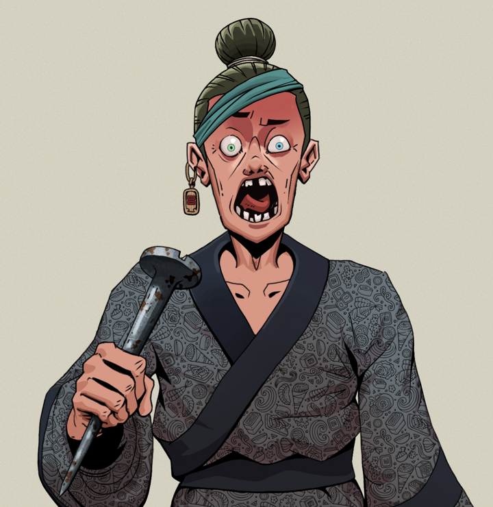Tokuda — Degen Dojo NFT art (Dojo Paper Earring, Warm Grey, Degens, Sushi Love Loose Kimono, Tokuda, Shirtless Runt, Hair Bun, Rusty Nail, Mint)