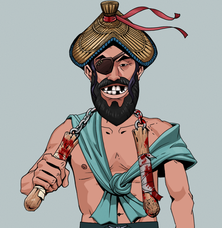 Igor The Veteran — Degen Dojo NFT art (Shirtless Runt, Light Grey, Degens, Queeny Chic, Igor The Veteran, High Straw Rice Hat, Bloody Nunchucks, Mint)