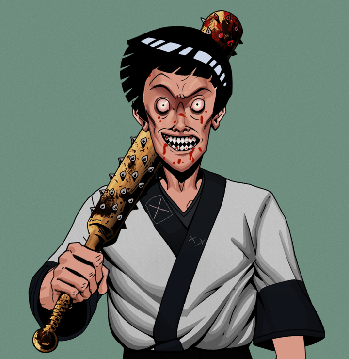 Assassin Fuzen — Degen Dojo NFT art (Shirtless Runt, Olive Green, Degens, Katana Kimono, Assassin Fuzen, Rock Lee, Yakuza Club, Mint)