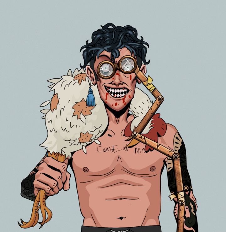 Assassin Fuzen — Degen Dojo NFT art (Tassel, Light Grey, Degens, Black Yakuza Sleeves, Assassin Fuzen, Telescopic Glasses, Messy, Chicken, Mint)