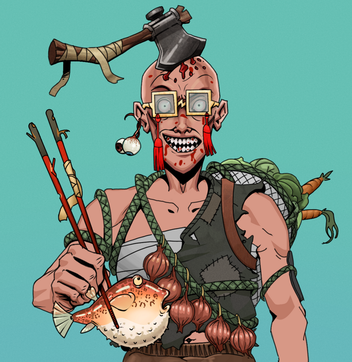 Assassin Fuzen — Degen Dojo NFT art (Shaman Eyes, Teal Daytime, Degens, Farmer, Assassin Fuzen, Shoji Tassel Glasses, Splitting Axe Ache, Frightened Fugu, Mint)