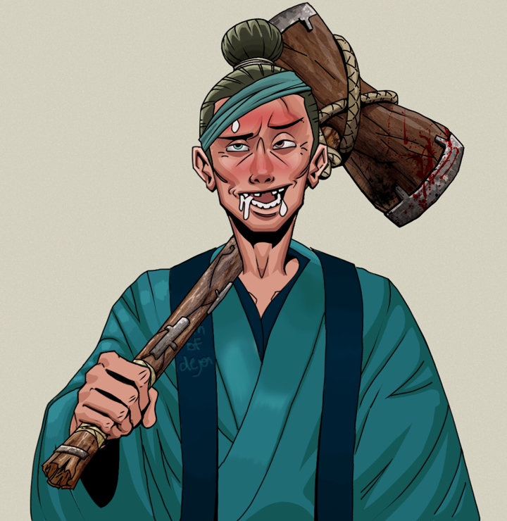 Yuuki — Degen Dojo NFT art (Shirtless Runt, Warm Grey, Degens, Dejen Apostate, Yuuki, Hair Bun, Wooden Warhammer, Mint)