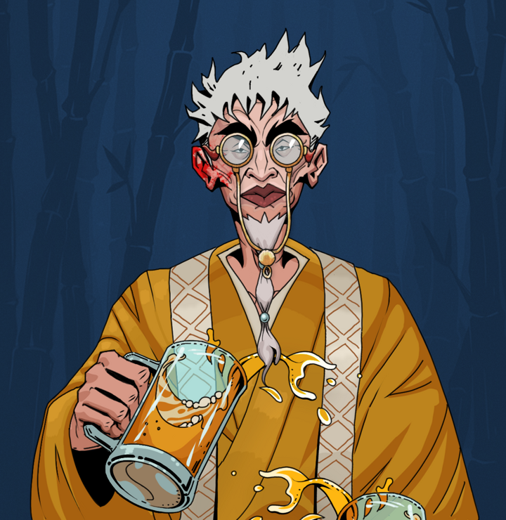 Yuji The Wise — Degen Dojo NFT art (Shirtless Runt, Night Forest, Degens, Ordained Dejen, Yuji The Wise, Pompous Glasses, Short Spiky Grey, Beer Splash, Mint)