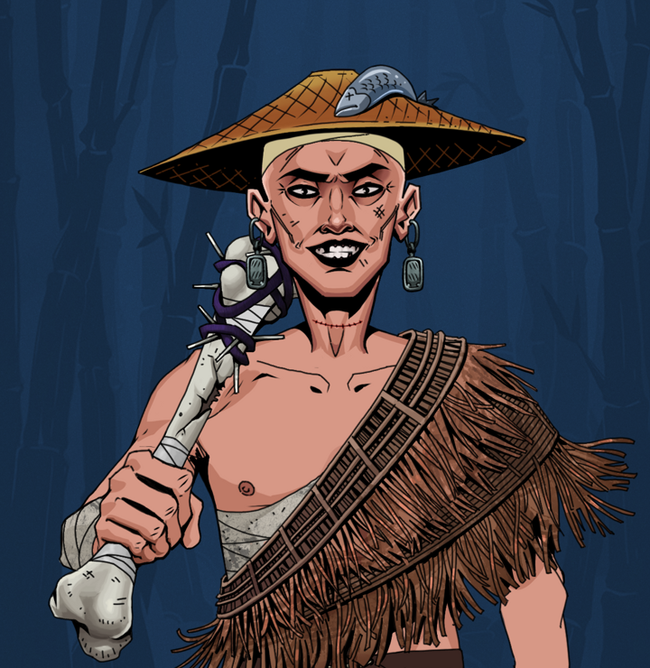 Junichiro Reborn — Degen Dojo NFT art (Iron Earrings, Night Forest, Degens, Dried Straw, Junichiro Reborn, Shirtless Runt, Wide Kasa Fisherman, Spiky Femur, Mint)