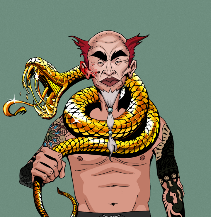 Yuji The Wise — Degen Dojo NFT art (Shirtless Runt, Olive Green, Degens, Black Yakuza Sleeves, Yuji The Wise, Red Heihachi, Golden Snake, Mint)