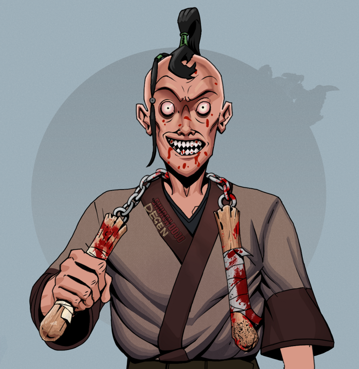 Assassin Fuzen — Degen Dojo NFT art (Shirtless Runt, Grey Mist, Degens, Degen Dojo Kimono, Assassin Fuzen, Dejen Samurai, Bloody Nunchucks, Mint)