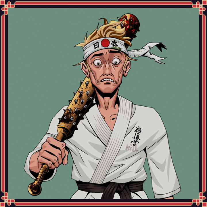 Shitless Botan — Degen Dojo NFT art (Shirtless Runt, Olive Green, Shitless Botan, Student Gi, Degen, Karate Headband, Spectacular Demon Bash, Yakuza Club, Framed)