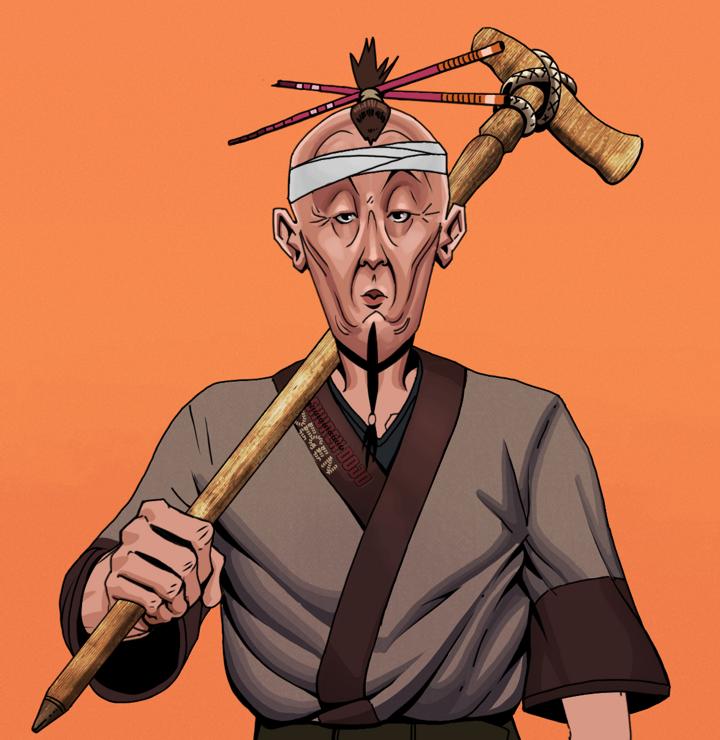 Edmundo — Degen Dojo NFT art (Shirtless Runt, Orange Afternoon, Degens, Degen Dojo Kimono, Edmundo, Hair Bun With Chopsticks, Wooden Walking Cane, Mint)