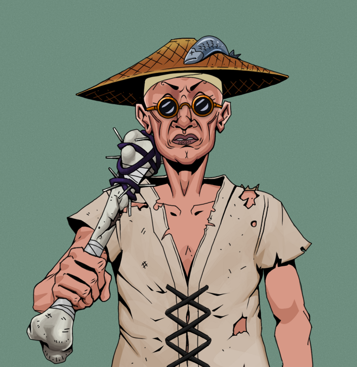 Goro — Degen Dojo NFT art (Shirtless Runt, Olive Green, Degens, Rice Sack Rags, Goro, Dark Spectacles, Wide Kasa Fisherman, Spiky Femur, Mint)
