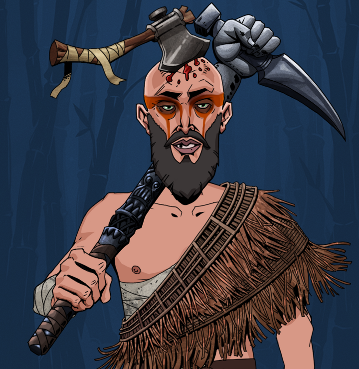 Oleg Of War — Degen Dojo NFT art (Shirtless Runt, Night Forest, Degens, Dried Straw, Oleg Of War, Splitting Axe Ache, Stone Fist-Sickle, Mint)