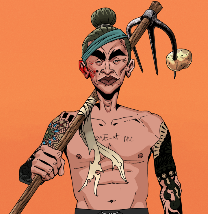 Young Yuji — Degen Dojo NFT art (Shirtless Runt, Orange Afternoon, Degens, Black Yakuza Sleeves, Young Yuji, Hair Bun, Farmers Hoe, Mint)