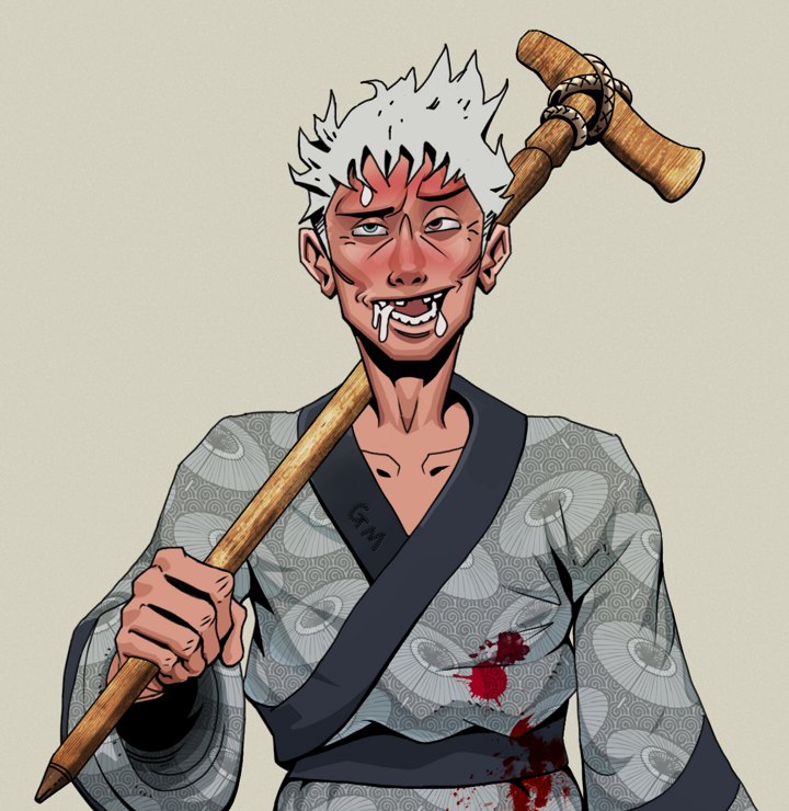 Yuuki — Degen Dojo NFT art (Shirtless Runt, Warm Grey, Degens, Loose Parasol Kimono, Yuuki, Short Spiky Grey, Wooden Walking Cane, Mint)