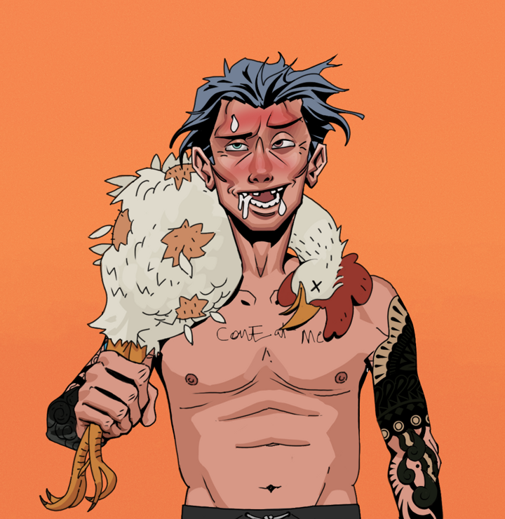 Yuuki — Degen Dojo NFT art (Shirtless Runt, Orange Afternoon, Degens, Black Yakuza Sleeves, Yuuki, Wavy, Chicken, Mint)