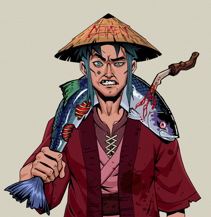 Akuma — Degen Dojo NFT art (Shirtless Runt, Warm Grey, Degens, Red Warrior Kimono, Akuma, Degen Graffiti Rice Hat, Dead Fish, Mint)