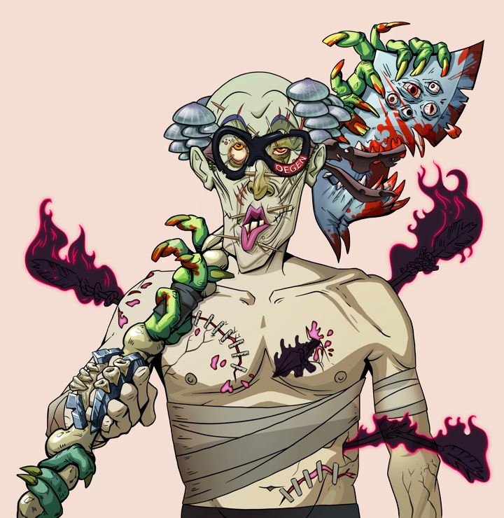 Edmundo — Degen Dojo NFT art (Shirtless Runt, Orange Afternoon, Demons, Bloody Mess, Edmundo, Degen Superhero, Kung Fu Master, Broken Nagatina, Mint)