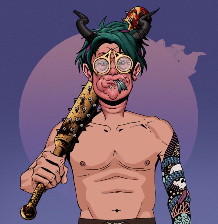 Fatty Bobsticks — Degen Dojo NFT art (Shirtless Runt, Purple Night, Degens, Skull Sleeve, Fatty Bobsticks, Pocket Glasses, Black Oni Horns, Yakuza Club, Mint)