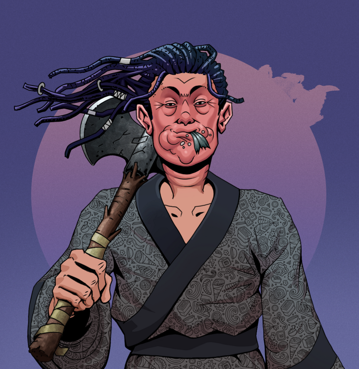 Fatty Bobsticks — Degen Dojo NFT art (Shirtless Runt, Purple Night, Degens, Sushi Love Loose Kimono, Fatty Bobsticks, Flowing Dreads, Axe, Mint)