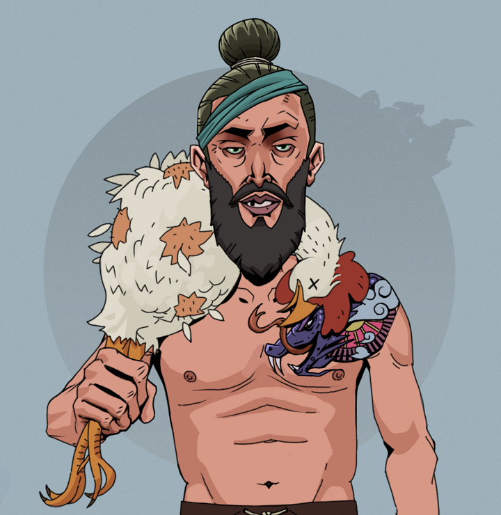Serious Oleg — Degen Dojo NFT art (Shirtless Runt, Grey Mist, Degens, Dragon Head Tattoo, Serious Oleg, Hair Bun, Chicken, Mint)