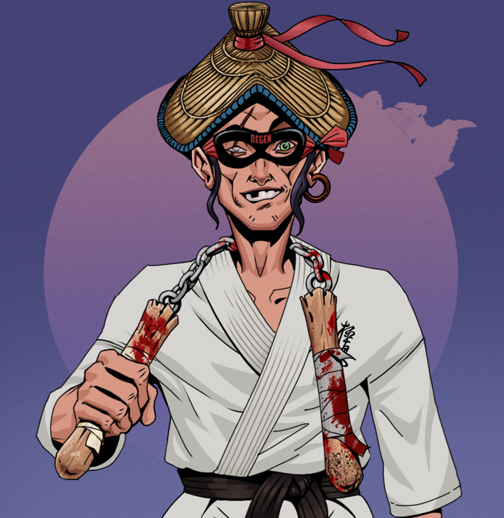One-Eyed Itsuki — Degen Dojo NFT art (Wooden Loop, Purple Night, Degens, Student Gi, One-Eyed Itsuki, Degen Superhero, High Straw Rice Hat, Bloody Nunchucks, Mint)