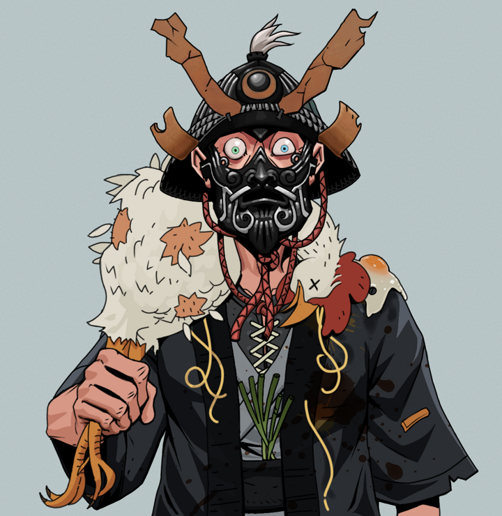 Tokuda — Degen Dojo NFT art (Shirtless Runt, Light Grey, Degens, Glutton Fight, Tokuda, Black Iron Kabuto, Chicken, Mint)