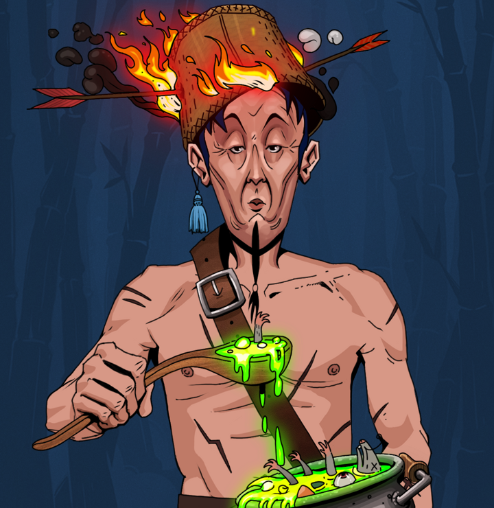 Edmundo — Degen Dojo NFT art (Tassel, Night Forest, Degens, Battle Scars, Edmundo, Shirtless Runt, Burning Basket, Shaman Soup, Mint)