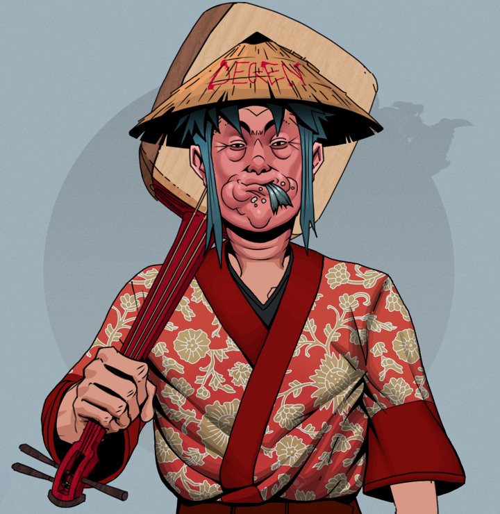 Fatty Bobsticks — Degen Dojo NFT art (Shirtless Runt, Grey Mist, Degens, Silken Sunflower Kimono, Fatty Bobsticks, Degen Graffiti Rice Hat, Shamisen, Mint)