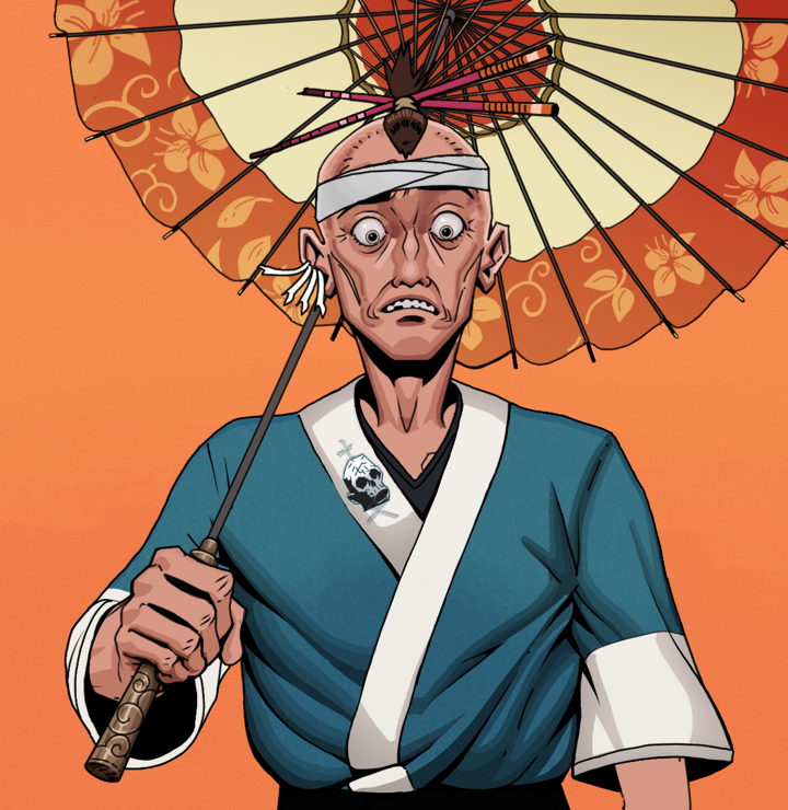 Shitless Botan — Degen Dojo NFT art (Chicken Bones, Orange Afternoon, Degens, Skull Kimono, Shitless Botan, Shirtless Runt, Hair Bun With Chopsticks, Floral Parasol, Mint)