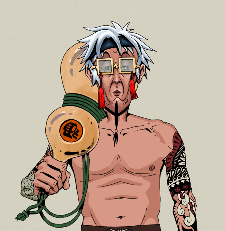 Edmundo — Degen Dojo NFT art (Shirtless Runt, Warm Grey, Degens, Yakuza Tattoo Sleeves, Edmundo, Shoji Tassel Glasses, White Ruffian, Giant Sake Bottle, Mint)