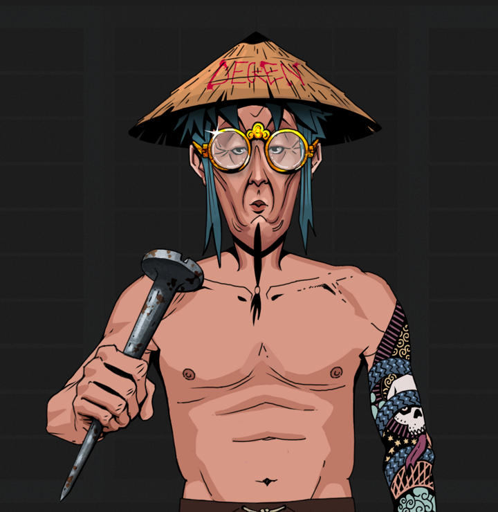 Edmundo — Degen Dojo NFT art (Shirtless Runt, Shoji Night, Degens, Skull Sleeve, Edmundo, Golden Glasses, Degen Graffiti Rice Hat, Rusty Nail, Mint)