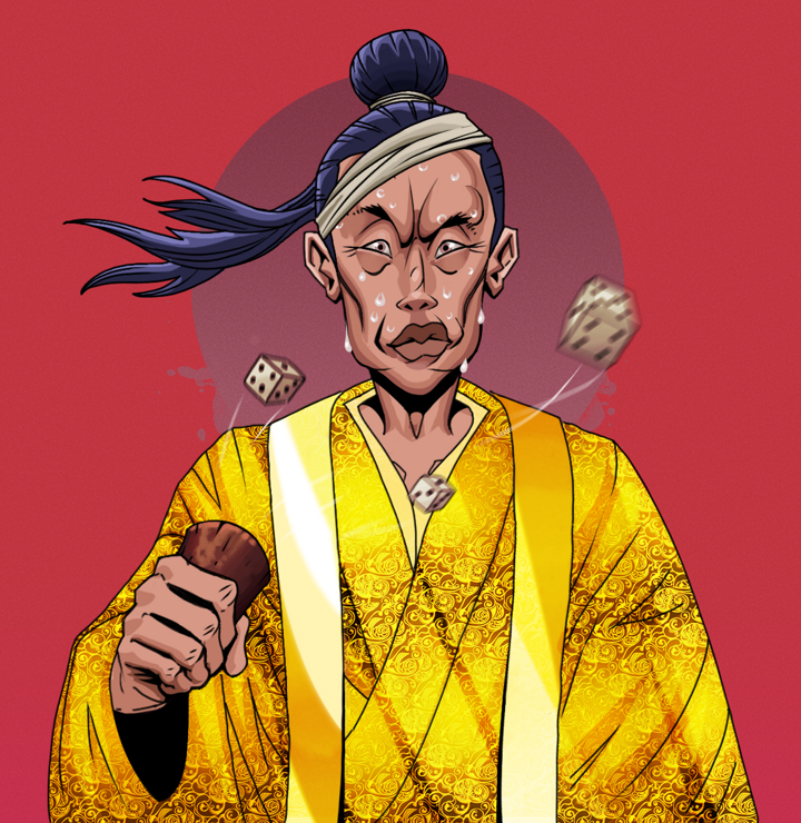 Stresshead Rin — Degen Dojo NFT art (Shirtless Runt, Red High Moon, Degens, Golden Monk Robes, Stresshead Rin, Long Flowing, Chō-Han Gambling Dice, Mint)