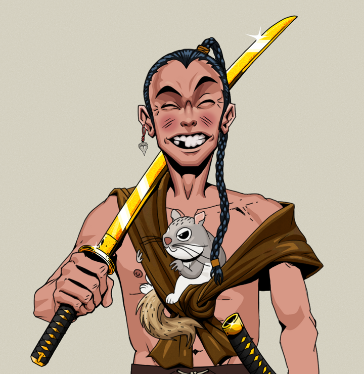 Cheery Haru — Degen Dojo NFT art (Shark Tooth, Warm Grey, Degens, Little Momonga Friend, Cheery Haru, Shirtless Runt, Braided Samurai Ponytail, Golden Katana, Mint)
