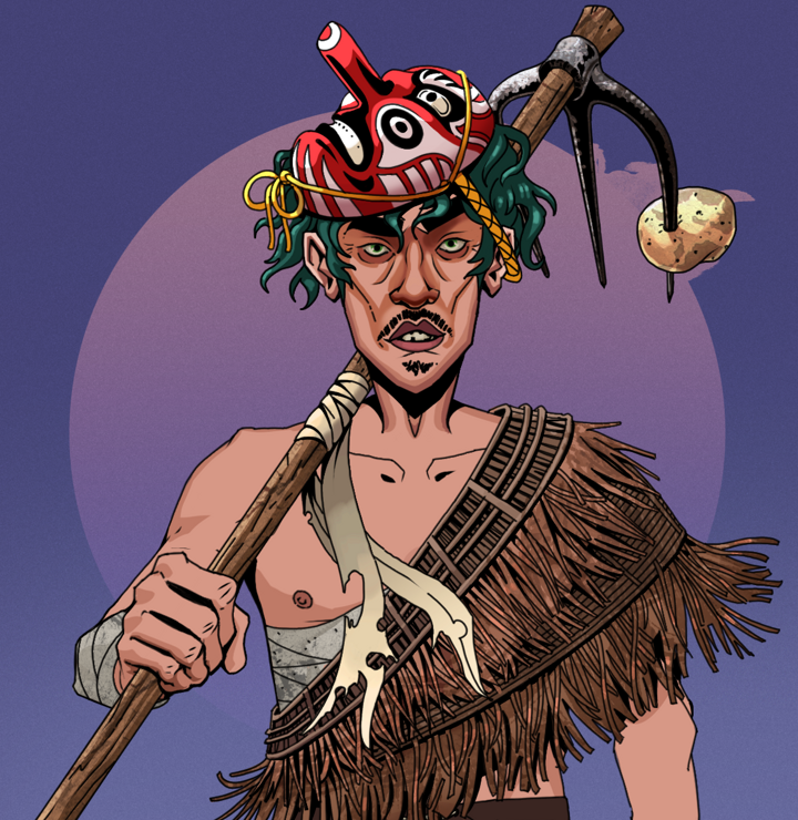 Gloomy Masumi — Degen Dojo NFT art (Shirtless Runt, Purple Night, Degens, Dried Straw, Gloomy Masumi, Tengu Mask, Farmers Hoe, Mint)