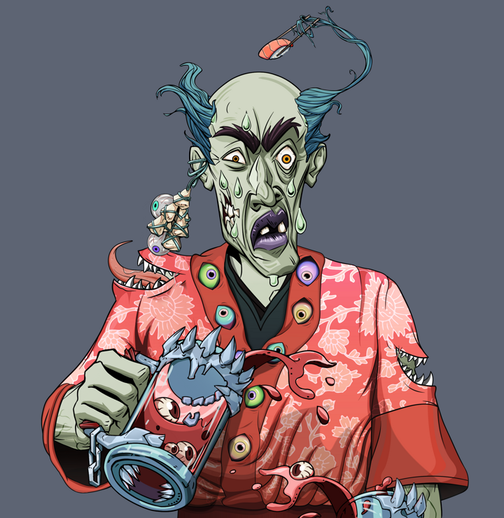 Stresshead Rin — Degen Dojo NFT art (Foes Teeth, Shoji Night, Demons, Silken Sunflower Kimono, Stresshead Rin, Shirtless Runt, Sushi Fight, Beer Splash, Mint)